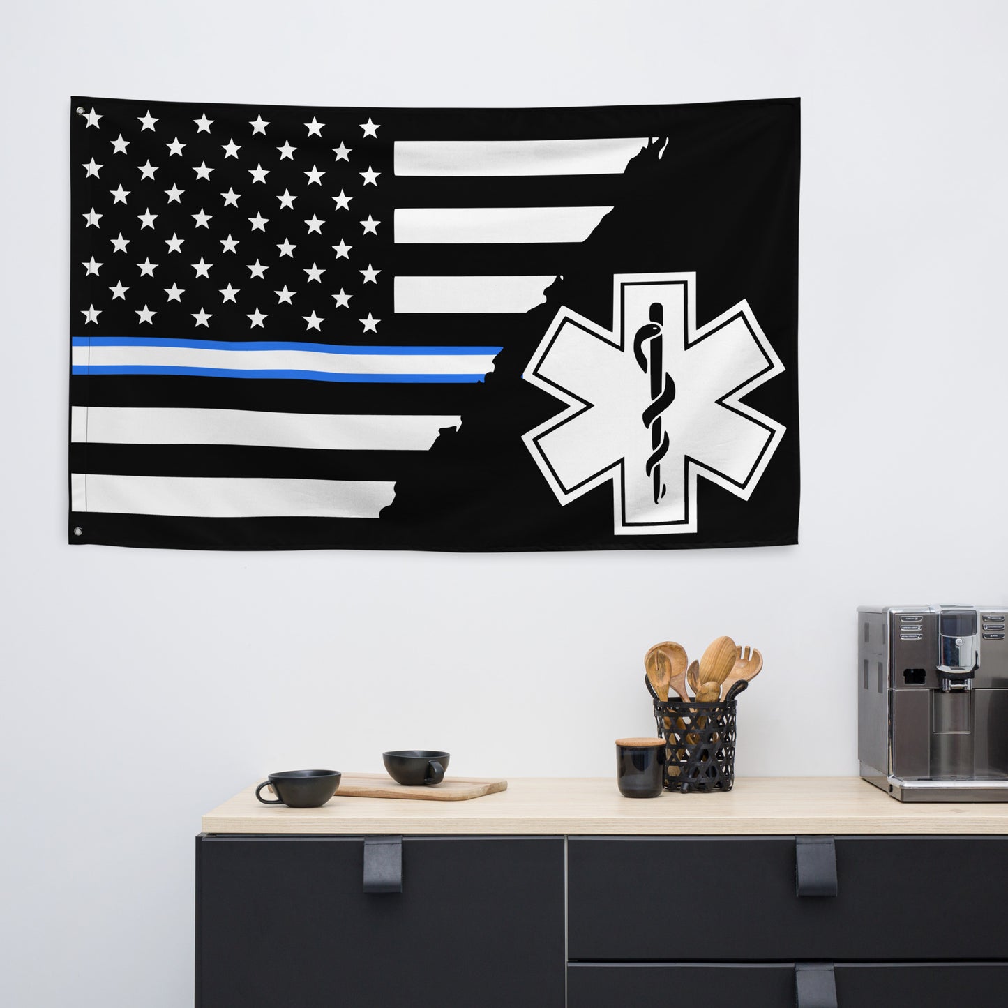 American Thin White/ Blue EMS Star Of Life Wall Flag-911 Duty Gear USA-911 Duty Gear USA
