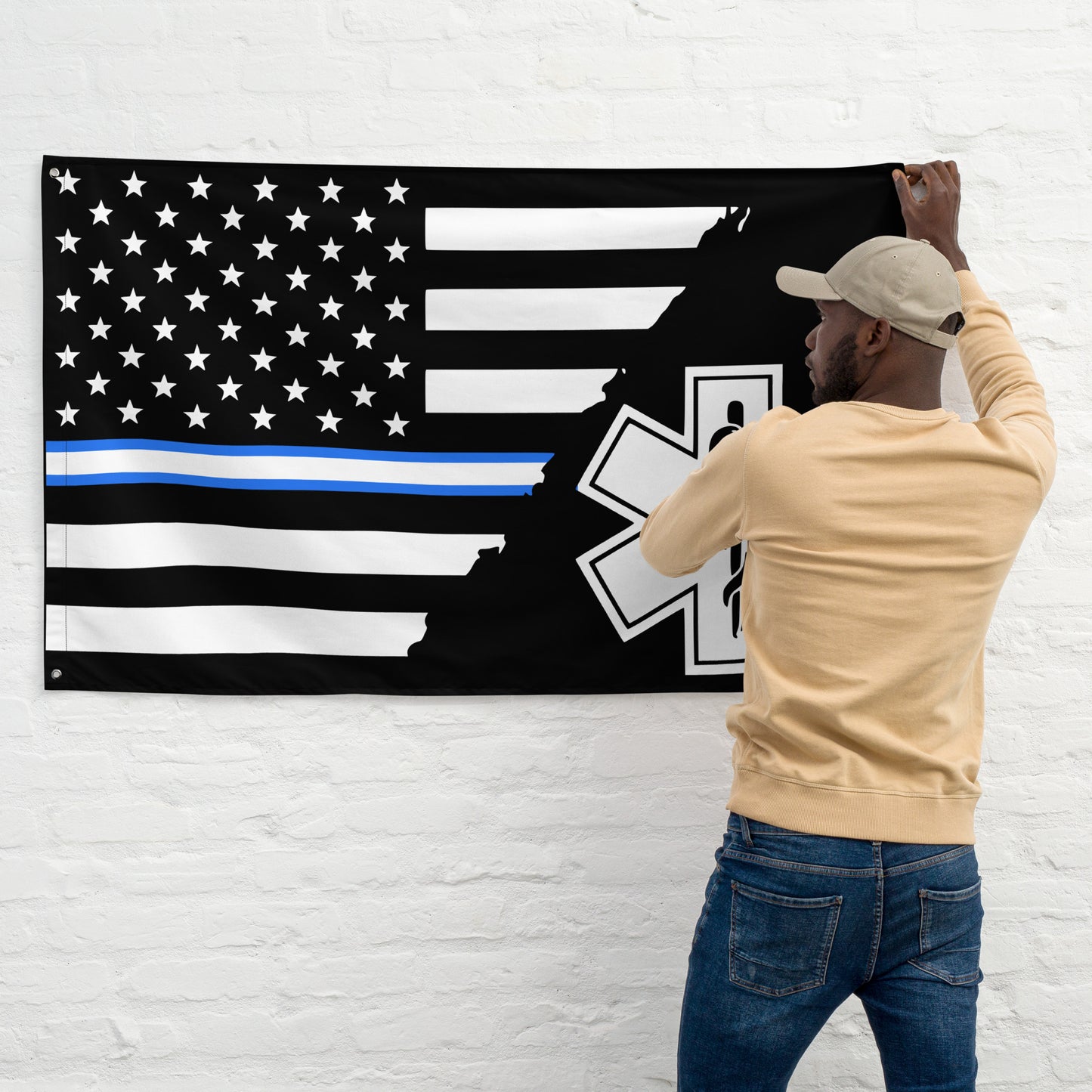American Thin White/ Blue EMS Star Of Life Wall Flag-911 Duty Gear USA-911 Duty Gear USA