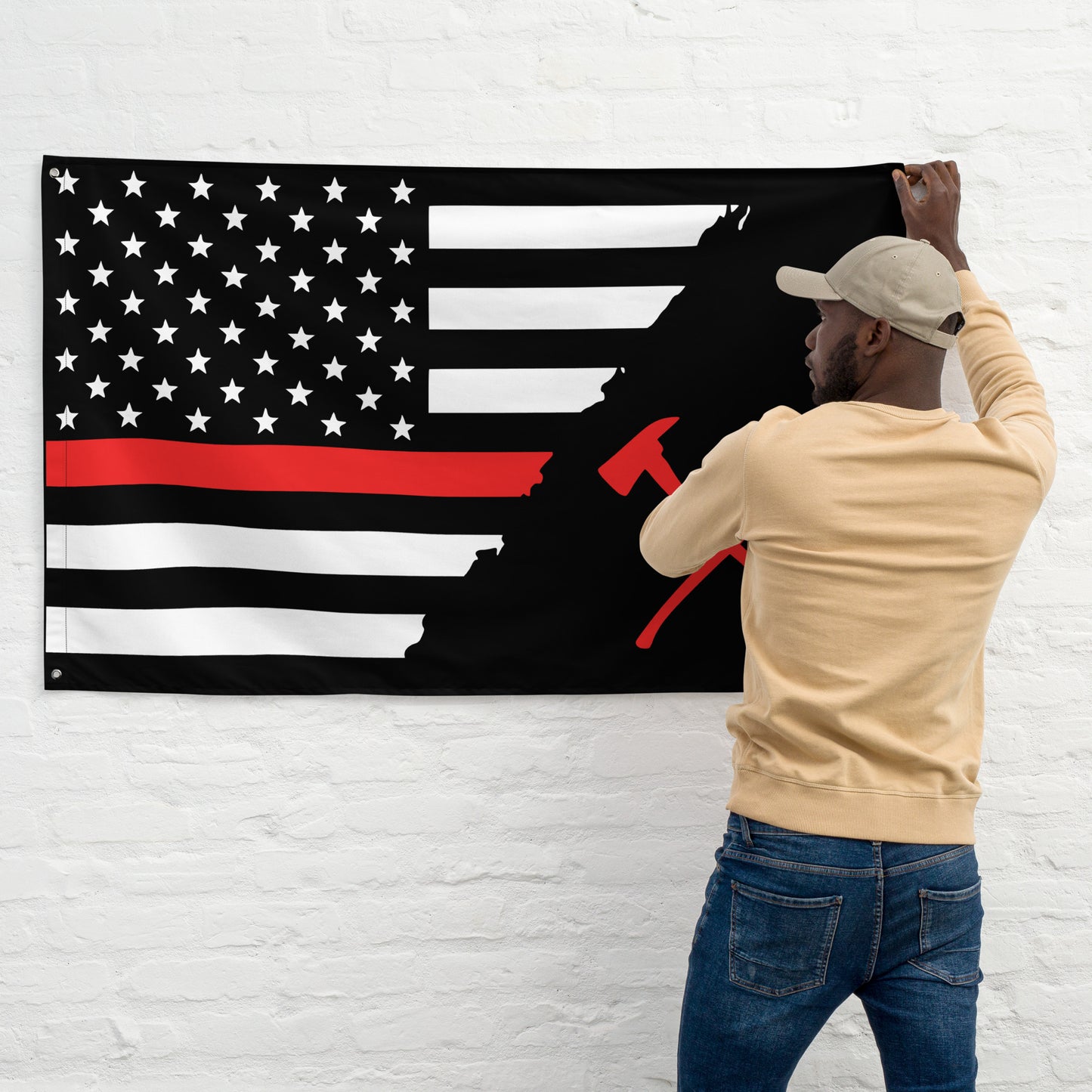 American Thin Red Line Crossed Axe Firefighter Wall Flag-911 Duty Gear USA-911 Duty Gear USA