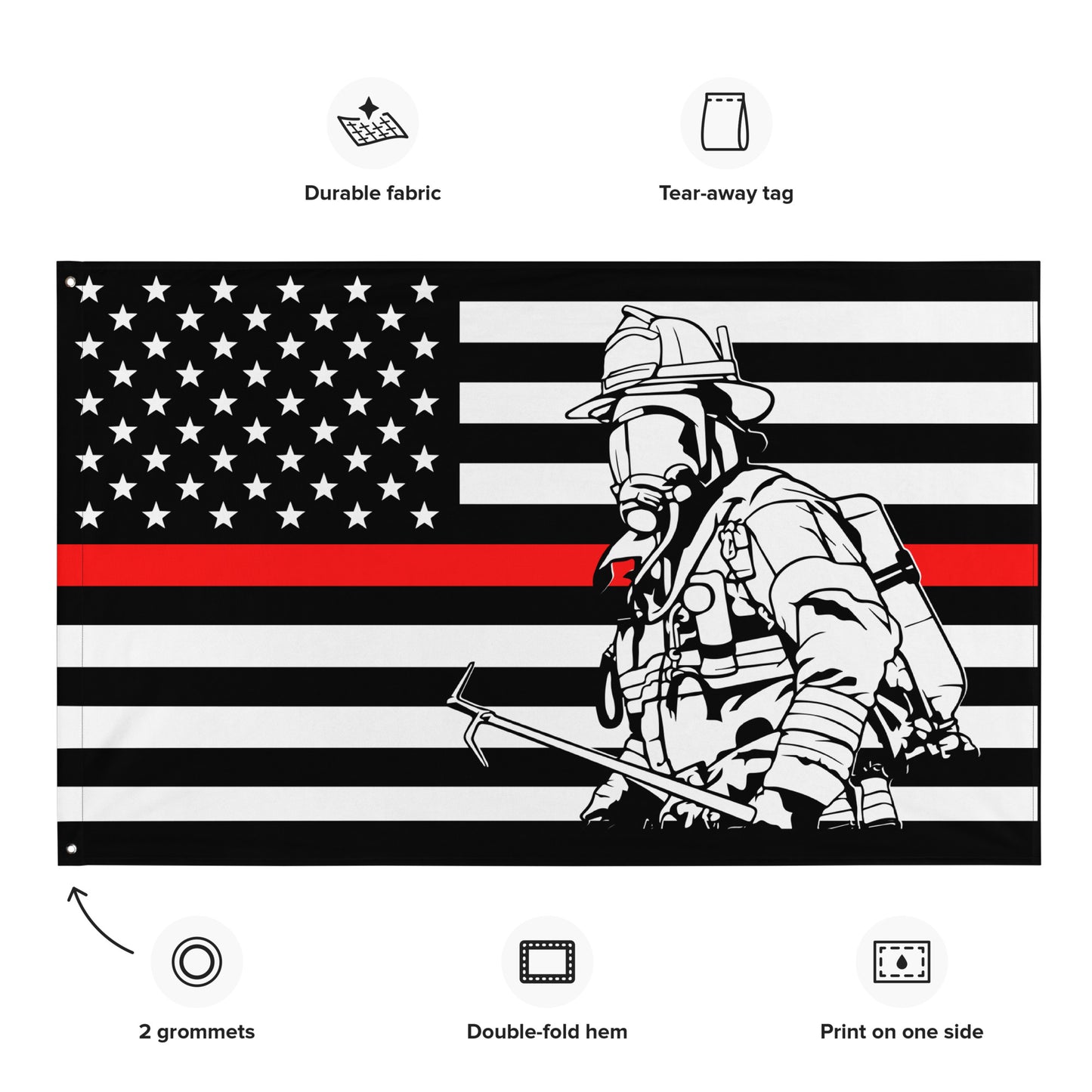 American Thin Red Line with Firefighter and Halligan Wall Flag-911 Duty Gear USA-911 Duty Gear USA