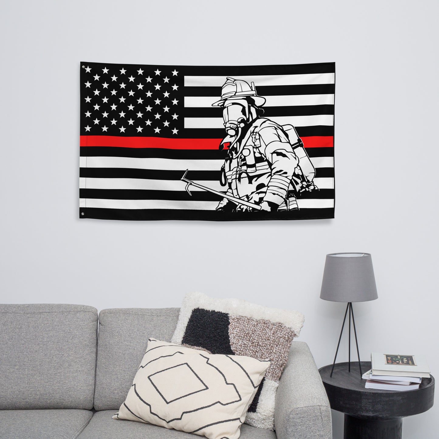 American Thin Red Line with Firefighter and Halligan Wall Flag-911 Duty Gear USA-911 Duty Gear USA