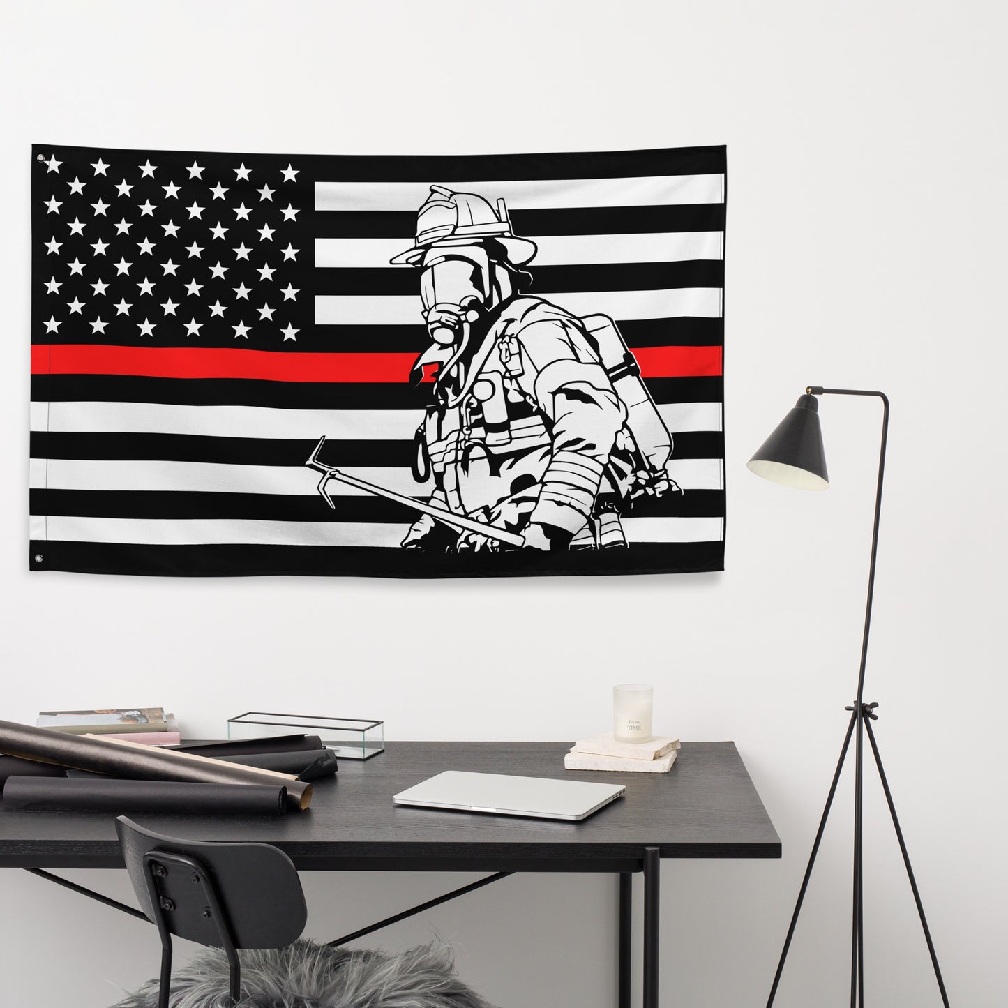 American Thin Red Line with Firefighter and Halligan Wall Flag-911 Duty Gear USA-911 Duty Gear USA