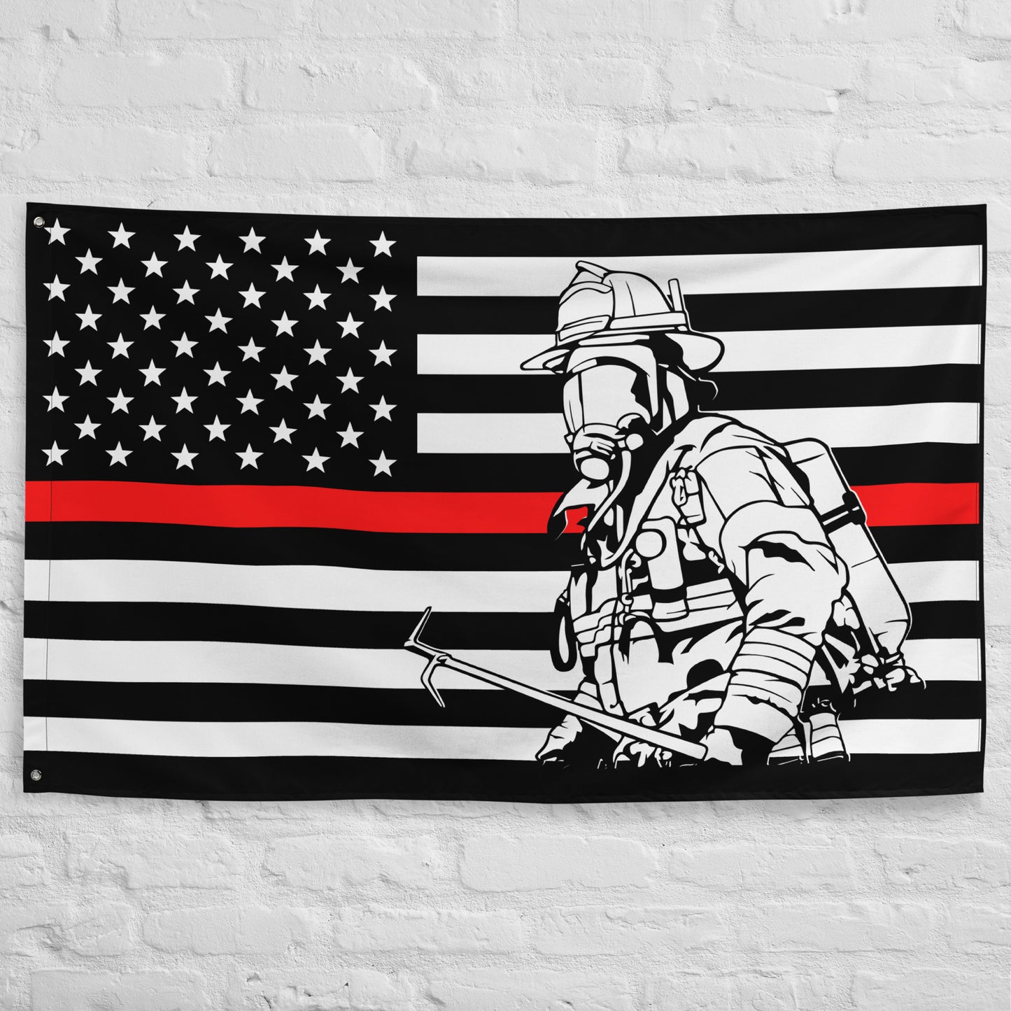 American Thin Red Line with Firefighter and Halligan Wall Flag-911 Duty Gear USA-911 Duty Gear USA