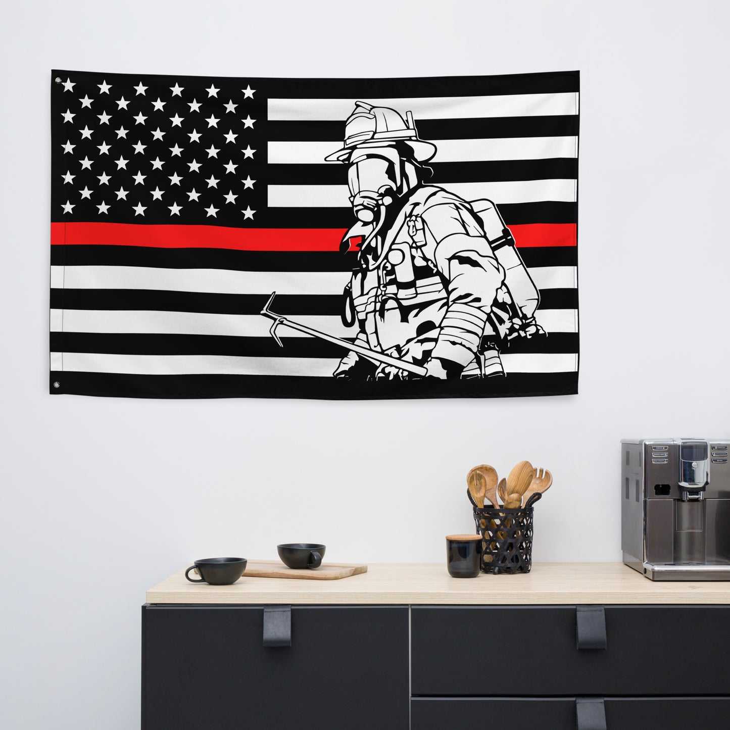 American Thin Red Line with Firefighter and Halligan Wall Flag-911 Duty Gear USA-911 Duty Gear USA