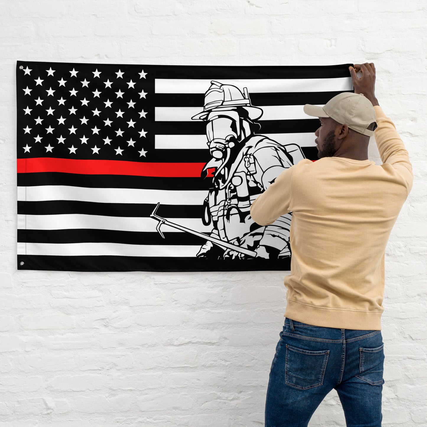 American Thin Red Line with Firefighter and Halligan Wall Flag-911 Duty Gear USA-911 Duty Gear USA